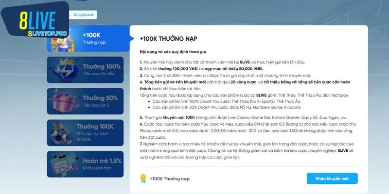 Toàn cảnh hệ thống khuyến mãi 8LIVE