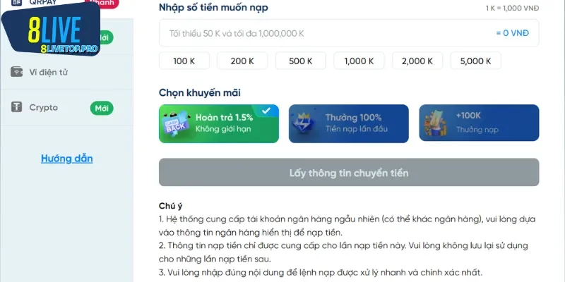 Các bước nạp tiền đơn giản