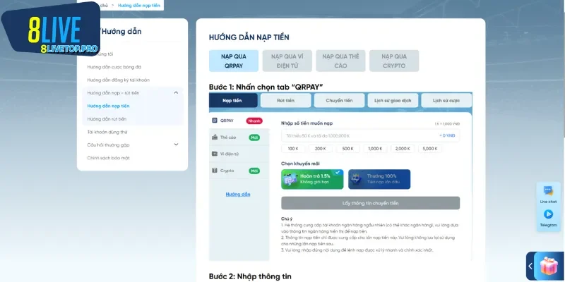 Những điều kiện cần thiết trước khi nạp tiền 8LIVE
