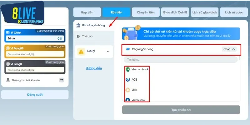Điều kiện cần thiết để rút tiền 8LIVE